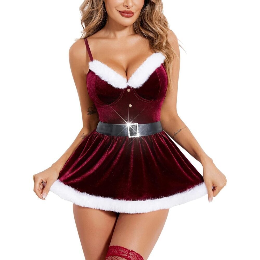 🆕Women First Dark Red Christmas Santa Velvet Lingerie Babydoll Chemise Set